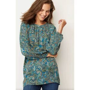 J Jill Paisley Pleated-Sleeves Tunic Top Size Large Bright Teal